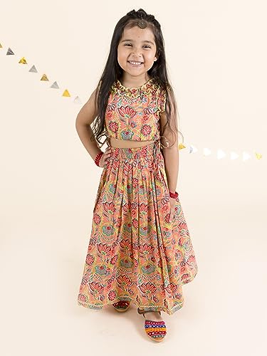 Pspeaches Girl's Coral Blue Printed Ready To Wear Cotton Readymade Lehenga Choli (Orange-8-10Y)