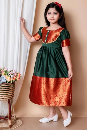 DRIJHA South Indian Style Girls Frock Festive Special Frock Khan Saree Dress Saree Silk Fabric Dress for Girls Khan Gown for Ganpati Festival Silk Frock. (in, Age, 4 Years, 5 Years, Green)