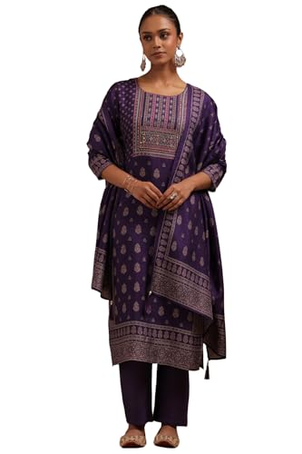 Soch Womens Purple Viscose Blend Ethnic Motifs Suit Set With Mirror And Cutdana