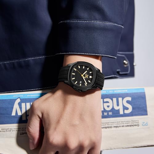 OPK Men's Quartz Watch Gold Plated Case Black Rubber Strap Black Dial Date Display Luminous Waterproof Business Casual Wristwatch