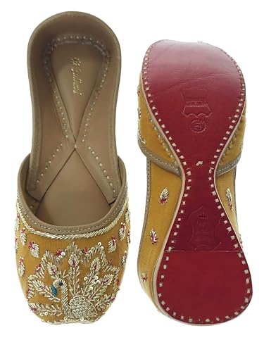 Fulkari Women's Mayur Velvet Skin Gold Toned Soft Leather Embroidered Jutis | Bite and Pinch Free Jutti | Punjabi Formal Juttis | Girl's Wedding Flat Ladies Mojari | Formal Ethnic Juti | 41