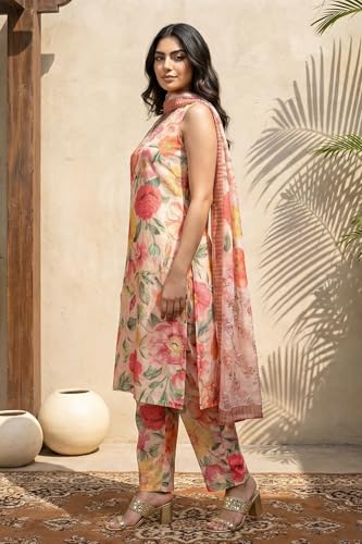 W for Woman Pink Floral Printed Straight Kurta with Pant and Dupatta Set - (WS13073-126328-M)