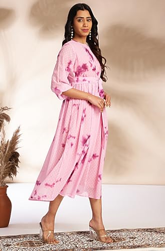 Janasya Women's Pink Dobby Georgette Tie-Dye Fit & Flare Dress(JNE4391-DR-M)