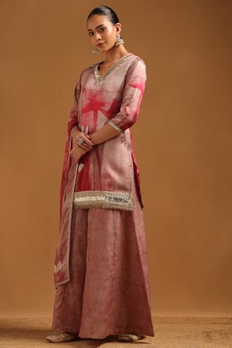Soch Womens Pink Linen Floral Suit Set With Zari Embroidery and Gotta Patti Details