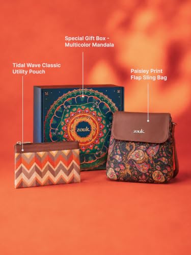 ZOUK Paisley Sling Bag & Utility Pouch Gift Set | Rakhi Gift for Sister | Vegan Leather Crossbody Sling with Travel Organiser Pouch | Handcrafted in India