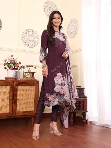 Varanga Women Pure Purple Floral Printed Kurta Set And Dupatta