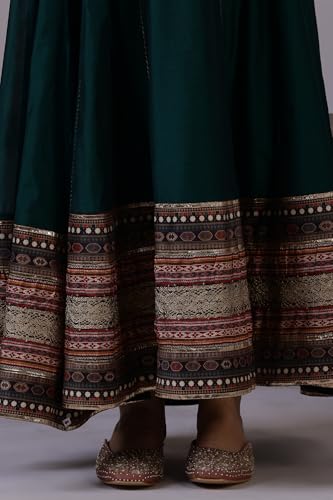 W for Woman Green Flared Chanderi Long Ethnic Dress with Thread Embroidery_24AUW11510-222093_3XL