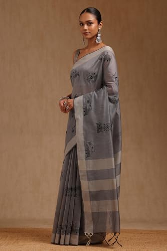 Soch Womens Grey Chanderi Warli Saree With Thread Work