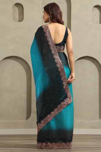 Soch Womens Blue Fendy Organza Ombre Stone Embellished Saree