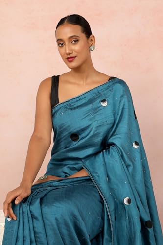 Taneira Women Blue Contemporary Pure Silk Block Print Saree with Unstitched Blouse Piece (SHH08D00032-Blue)
