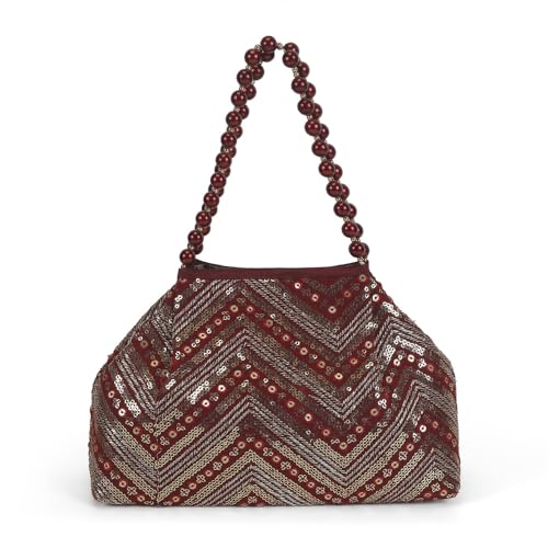 Mochi Women's Maroon Beaded Chevron Design Party Handbag(38-113)