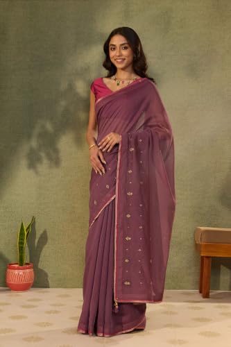 Taneira Purple Pure Silk Cotton Embroidered SareeWith Unstitched Blouse(SAARLCPSC0101-Purple)