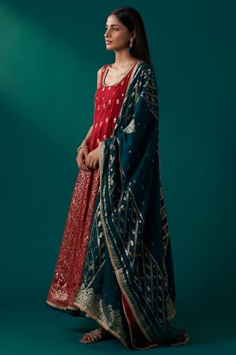 Wishful Women's Red Zari Embroidered Jacquard Anarkali Sleeveless Kurta with Churidar and Dupatta Set (SP13162-314304-L)