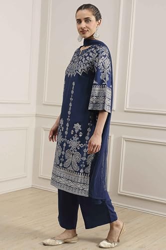 Biba Women Blue Polyester Blend Straight Printed Suit Set_46
