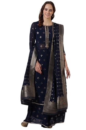 W Blue Straight Kurta, Flared Pant & Dupatta for Women (Size: 3XL)-24AUWS11679-400712