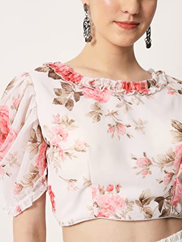 ANTHARI DESIGNER Women's Floral Printed Indian Ethnic wear Georgett Puffy Sleeve Round Neck Line Frill Pattern White Saree Blouse Simple Trendy Blouse White