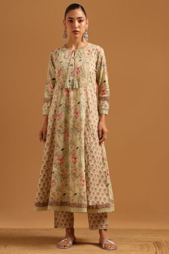 Soch Womens Light Green Cotton Digital Printed Botanical Lace-Detail Salwar Suit