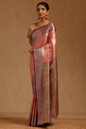 Soch Womens Peach Silk Blend Botanical Zari Woven Saree