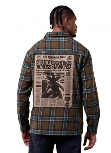 The Souled Store Stranger Things: in The News Men and Boys Long Sleeve Spread Collar Embellished Relaxed Fit Everyday Office Wear Easy to Style Casual Cotton Shirt Brown