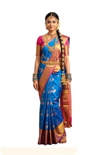 VFCollections Women's Traditional Handloom Kanchipuram Silk Pure Pattu Sarees | Rich Zari Woven Design | Unstitched Blouse (VFC519-4)