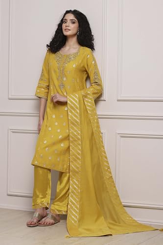 Biba Women Lime Cotton Blend Straight Yarndyed Suit Set_42