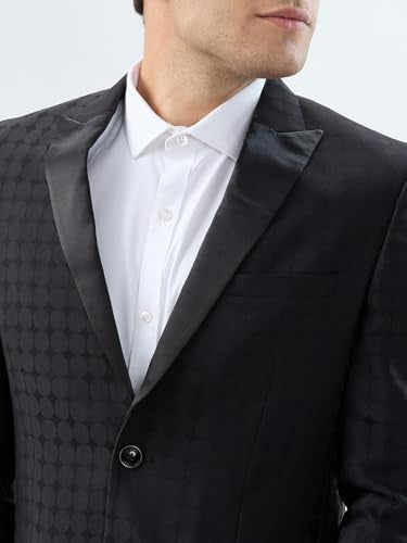 Park Avenue Men Super Slim Fit Jacquard Pattern Terry Rayon Blend Peak Lapel Full Sleeve Ceremonial Suit Black