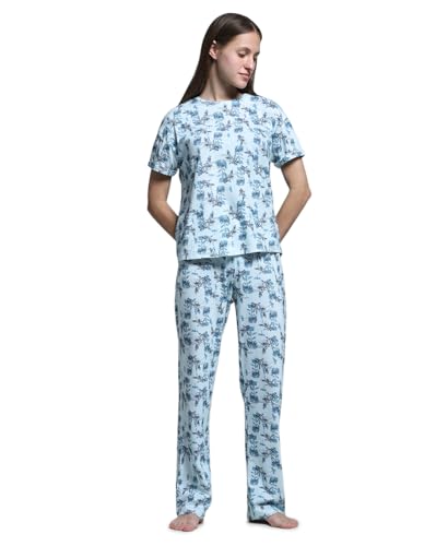 Wacoal Women’s Snooze Club Short Sleeve Full Length Comfort Fit Pure Cotton Pajama Set-Blue (XL)