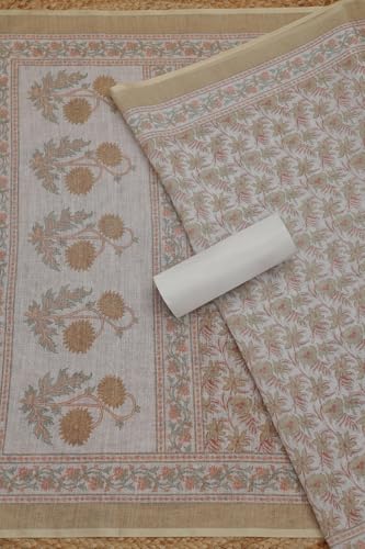 Soch Womens Off White Linen Blend Floral Print Unstitched Dress Material With Beads