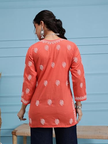 Ada Women's Cotton Regular Fit Top Tunic Hand Embroidered Lucknowi Chikankari Short Kurti A911387 Coral Red (Medium)