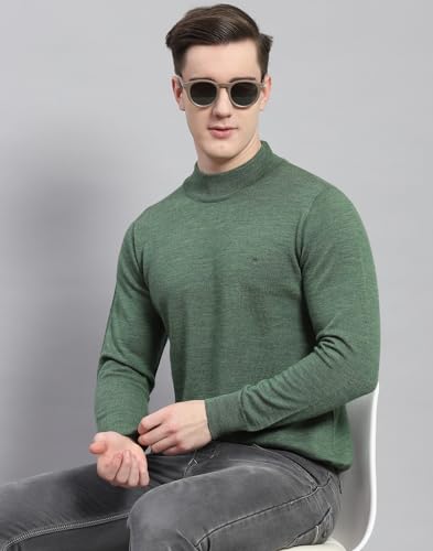 Monte Carlo Mens Green Solid Turtle Neck Full Sleeve Wool Casual Sweater | Warm Woolen Pullover for Men | Soft Comfortable Knitted Winter Wear Sweater for Men's