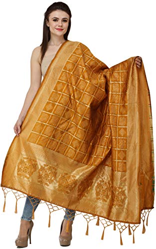 Exotic India Bandhani Gharchola Art Silk Dupatta with Zari Weave and Brocaded Border Design Stole, Chunni For Women