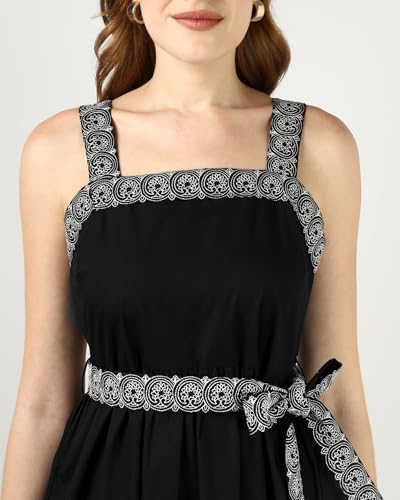 Sands of India Women’s Black Embroidered Midi Dress | Sleeveless Belted Evening Dress | Elegant Party, Casual Dress for Women