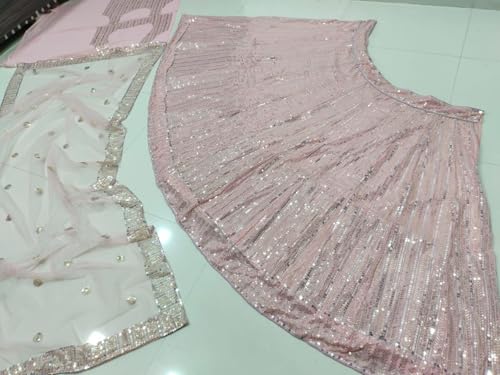 Kuber Enterprise Women's Semi-Stitched Grey Embroidered Lehenga Choli with Dupatta | Designer Net Flared Lehenga for Wedding | Heavy Sequin & Stone Work Ethnic Wear Set (Pink)