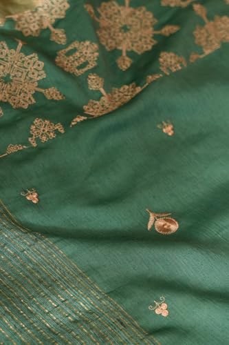 Taneira Women Dark Green Bengal Pure Silk Linen Embroidered Saree with Unstitched Blouse Piece (SAPH01AB0675-Dark Green)