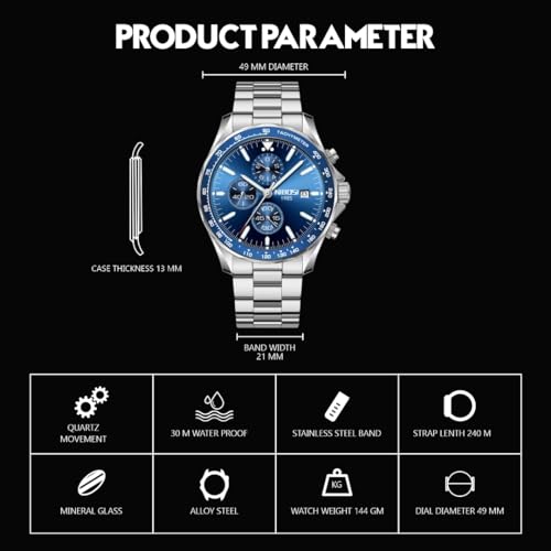 NIBOSI Chronograph Quartz Premium Classic Wrist Watches for Men, Formal Stainless Steel Metal Chain Men’s Watch with Date and Luminous Function Gift for Men (Silver-Blue)