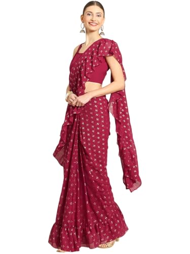 Ahalyaa Women's Maroon Color Poly Georgette Printed Readymade Saree