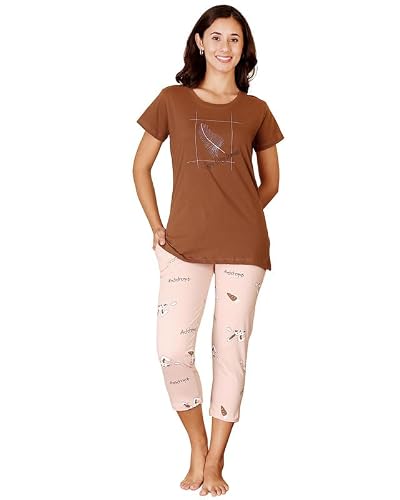BODYCARE Women's Cotton Printed T-Shirt and Capri Set | Soft & Breathable Nightwear | Short Sleeves | Loungewear Co-Ord Set| BSCS16029_100 Multicolour