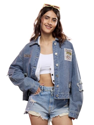 The Souled Store Official Pink Panther: Stay Pink Women and Girls Long Sleeves Collared Neck Button Front Embroidery Patch Blue Cotton Oversized Denim Jackets