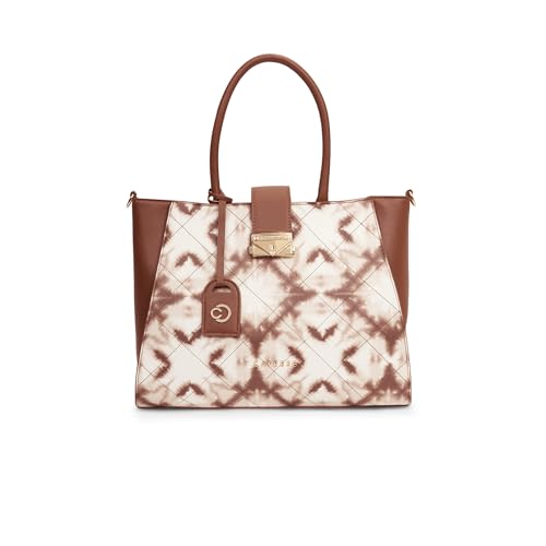 Caprese Shibori Large Satchel Bag for Women | Printed Faux Leather Shoulder Bag with Adjustable & Detachable Strap and Multi-Compartments | Zipper Closure | Everyday Office,Travel & Casual Use (Brown)