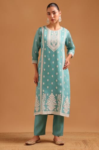 Soch Womens Turquoise Blue Chanderi Embroidered Botanical Chikankari Embroidery Salwar Suit