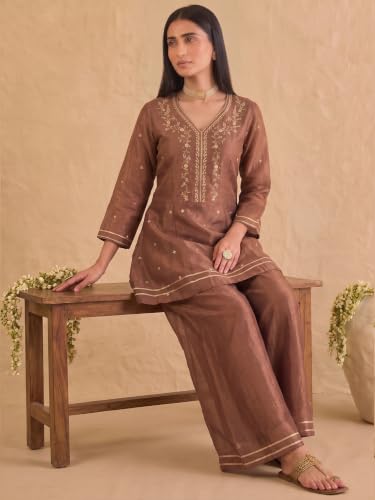 Varanga embroidered brown kurta set with palazzo and dupatta.