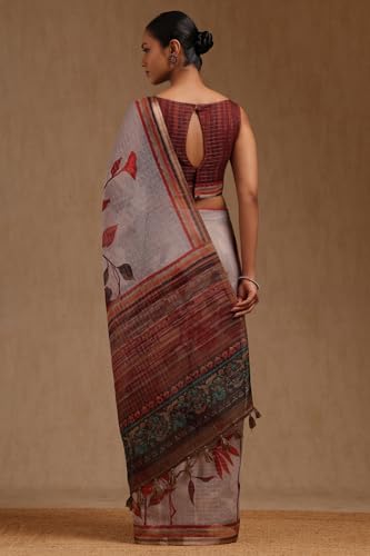 Soch Womens Grey Linen Botanical Print Saree