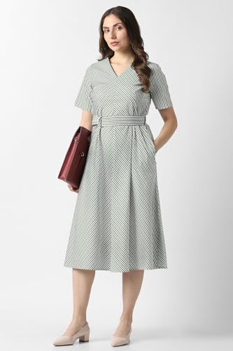 Women Green Stripe Knee Length Formal Dress