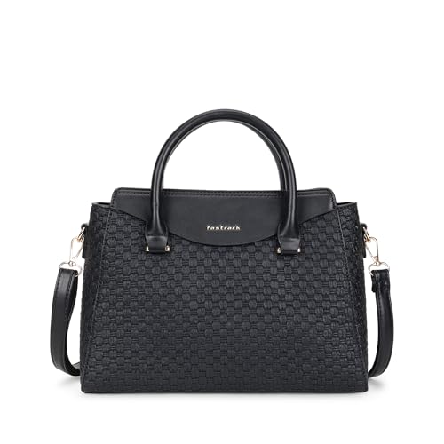 Fastrack Noir Gridelle Satchel Handbag for Women | Premium Faux Leather Weave Design | Black Structured Satchel with Zipper Closure | Dual Compartment with Organizer Pockets