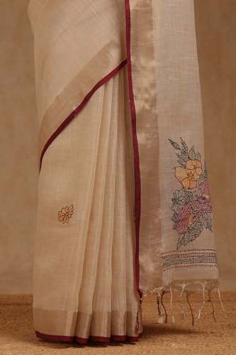 Soch Womens Beige Linen Embroidered Saree With Thread Work