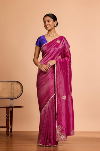 Taneira Women Purple Bengal Pure Tissue Organza Embroidered Saree with Unstitched Blouse Piece (SAIP01AC2159-Purple)