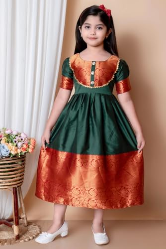DRIJHA South Indian Style Girls Frock Festive Special Frock Khan Saree Dress Saree Silk Fabric Dress for Girls Khan Gown for Ganpati Festival Silk Frock. (in, Age, 4 Years, 5 Years, Green)