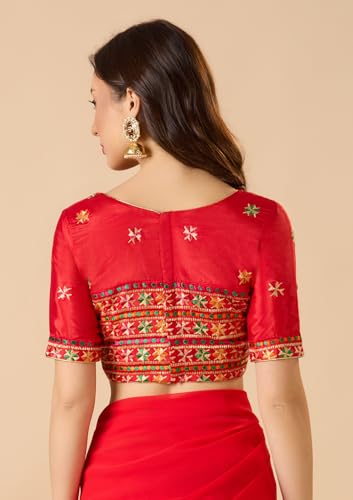 S SALWAR STUDIO Red Chinon Silk Round Neck Phulkari Readymade Blouse