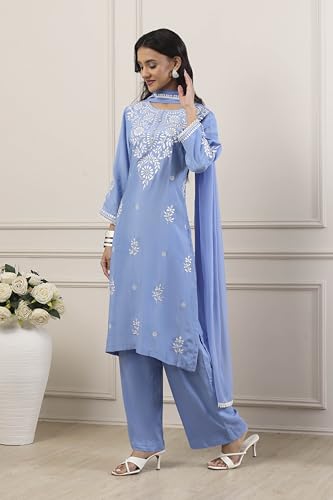 Biba Women Blue Poly Viscose Straight Suit Set_36