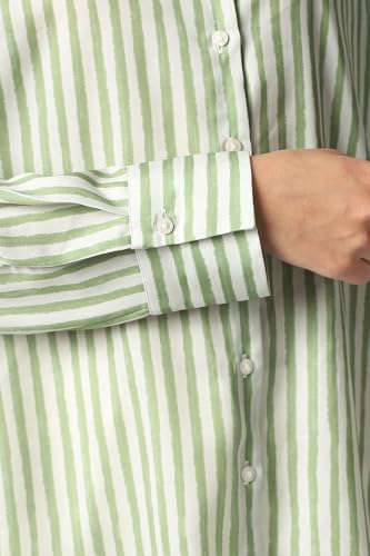 Women Green Stripe Long Sleeves Formal Shirt